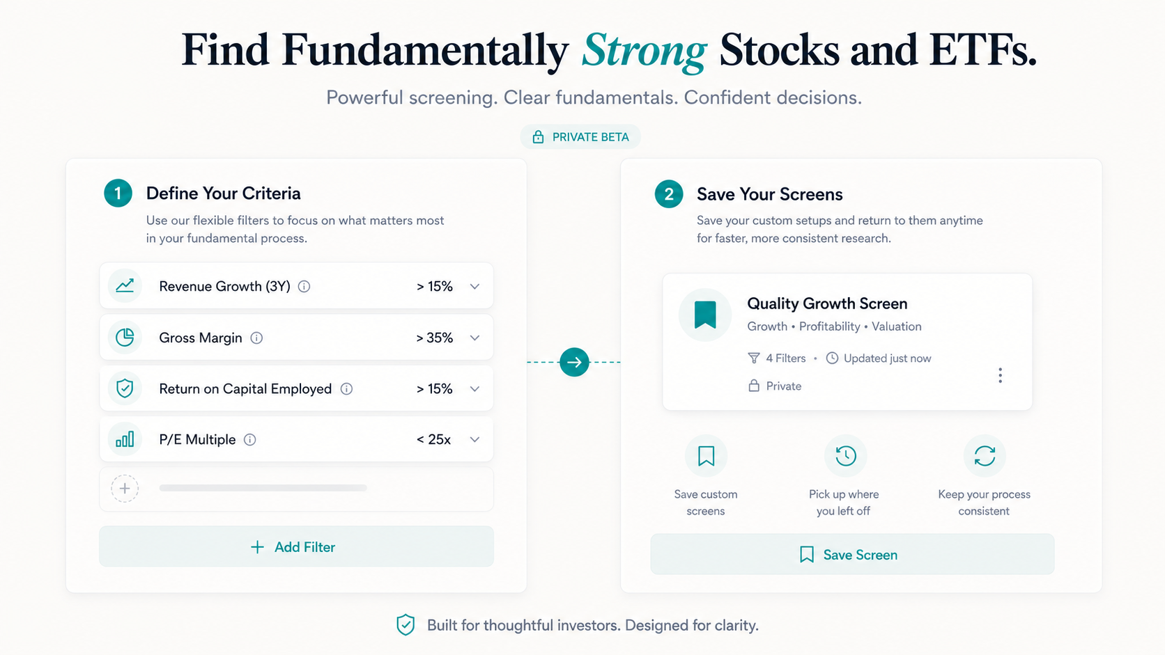 A screener with revenue growth, gross margin, and other fundamental filters